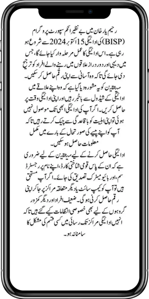 In Rahim Yar Khan district, BISP Payment will Start by 15 October 2024